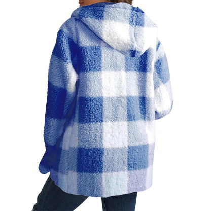 Loose Long Sleeve Plush Plaid Hooded Pocket Zipper Jacket Fashion Winter Warm Fuzzy Cardigan For Female