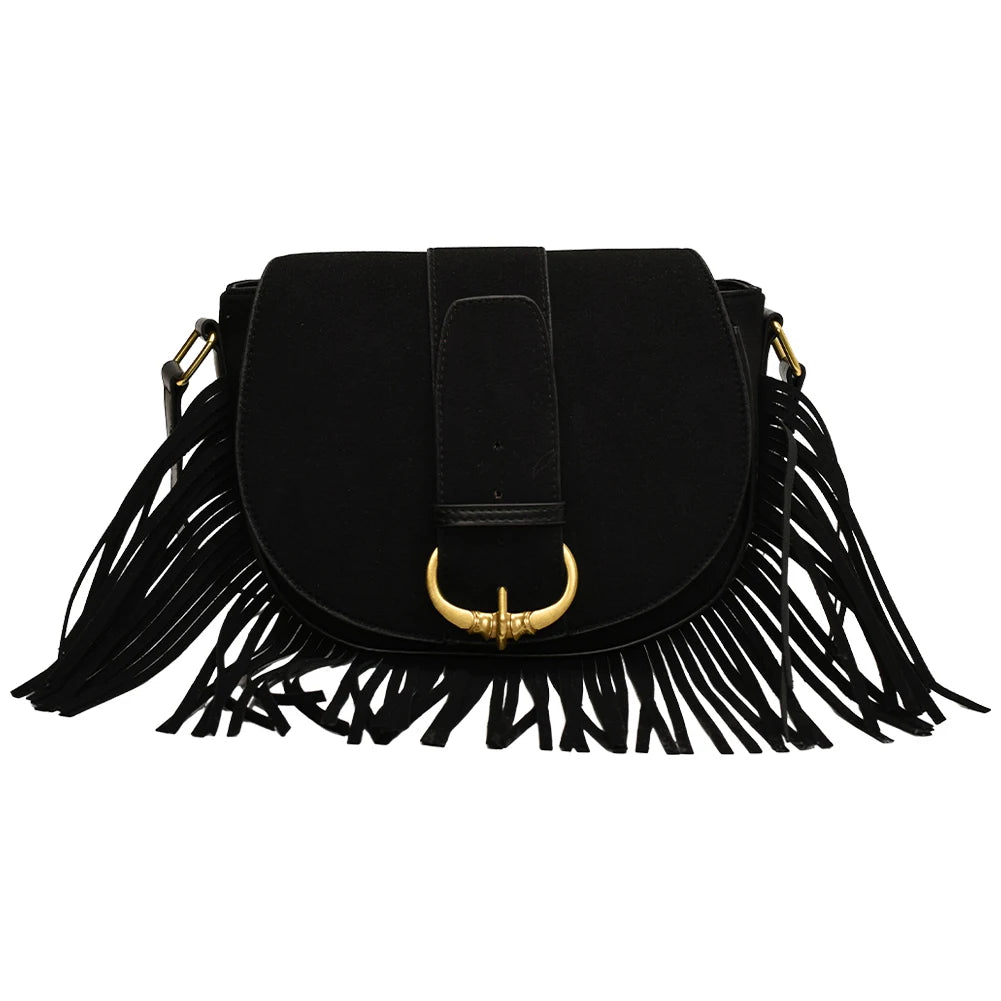 Women Suede Crossbody Bag with Tassels Shoulder Bag Zipper Closure Handbag Satchel Bag for Work Travel