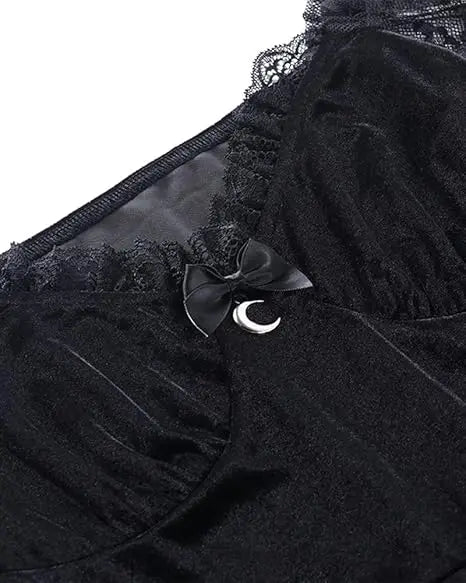 MEOWCOS Women Dark Retro Style Velvet Long Sleeves Dress Elegant Lace Dresses Cocktail Dress Party Evening Moon Pendant Dress