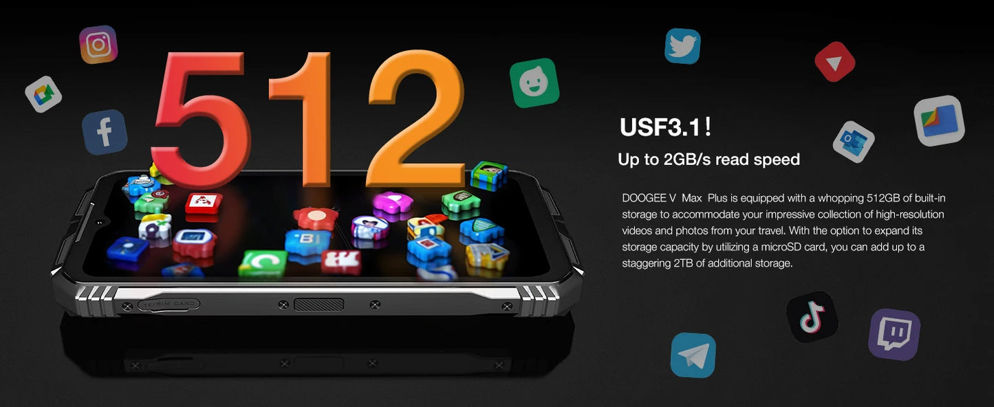 DOOGEE V Max Plus 5G Rugged Phone 6.58" Dimensity 7050 16GB+512GB Lighting Effects 22000mAh Battery 200MP AI Camera Cell Phone