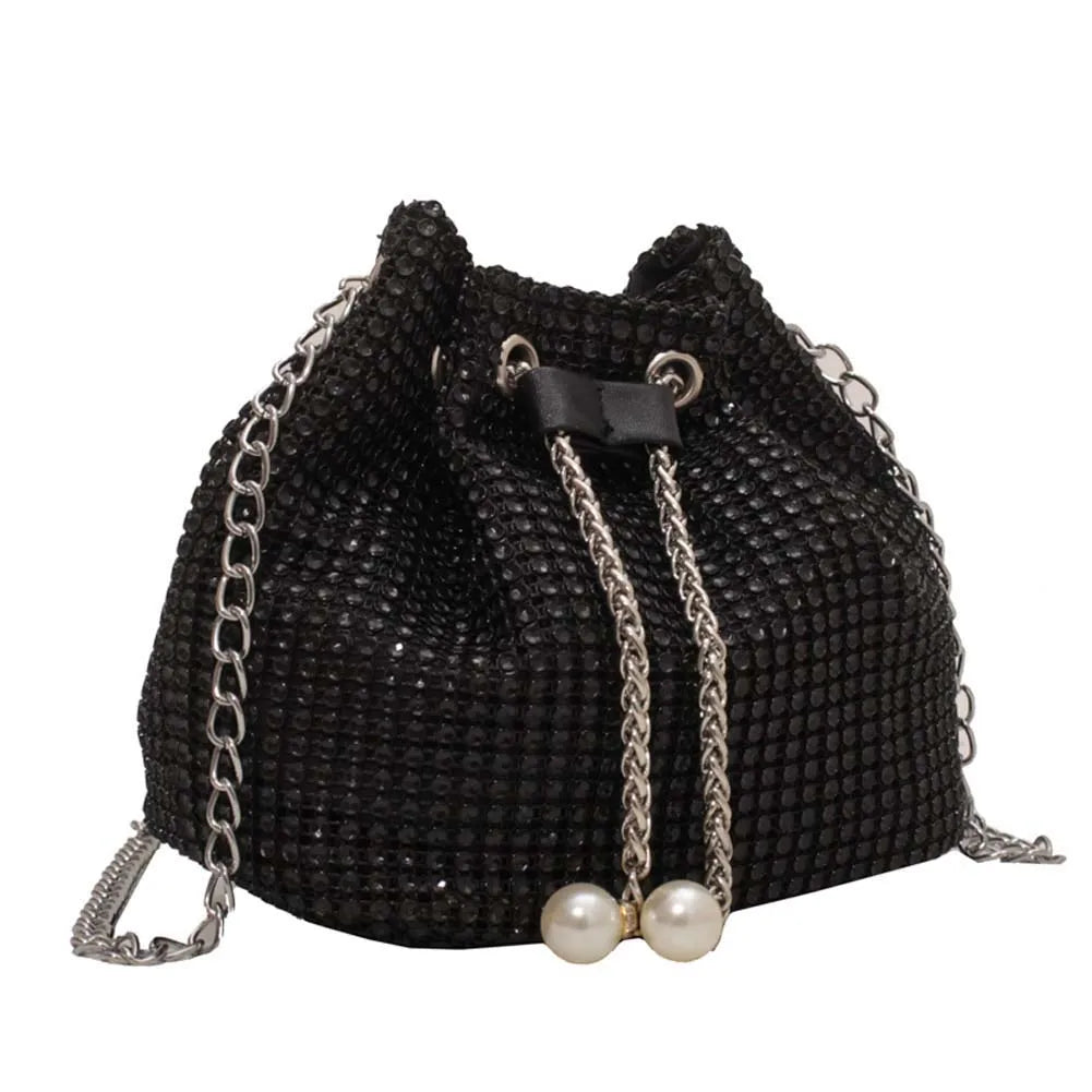 Women Chain Crossbody Bag Solid Color Rhinestone Glittering Satchel Bag Drawstring Bling Bucket Bag Female Dating Bag