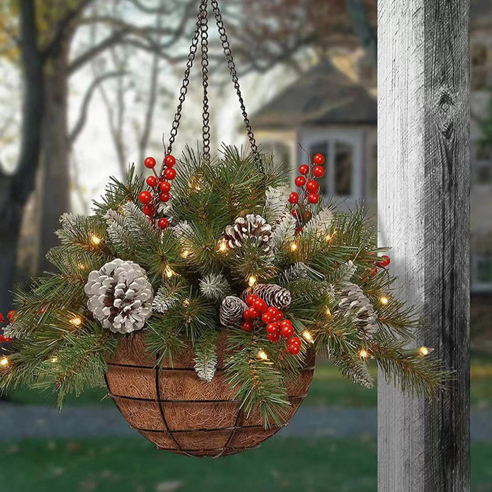 Christmas decorative artificial hanging basket with frosted pine cones and mixed plant ornaments Christmas hanging basket