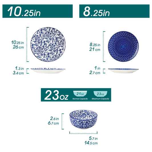 vancasso 12/24/36 Piece Chinese Blue and White Porcelain Plate Set Tableware Set with 4PCS Dinner Plate/Dessert Plate/Ceral Bowl