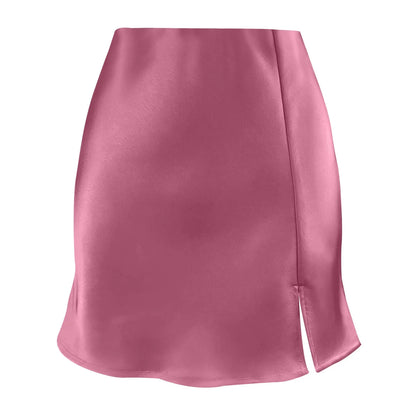 High Waist Zipper Satin Ribbon Lined Skirt For Lady Fashion Solid Color Lightweight Verrsatile Summer A-line Half Skirt