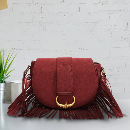 Women Suede Crossbody Bag with Tassels Shoulder Bag Zipper Closure Handbag Satchel Bag for Work Travel