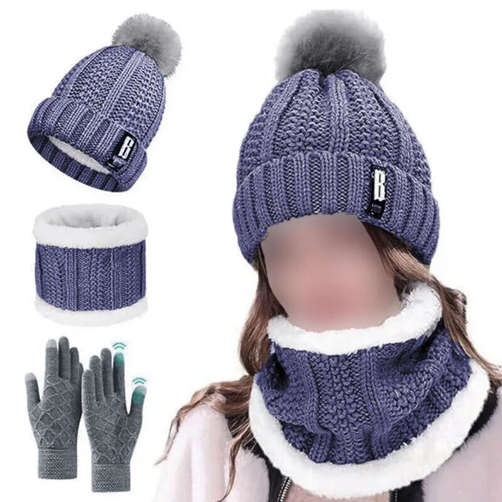 Womens Girls Thick Knit Hat Scarf and Touchscreen Gloves Set Knitted Winter Gift