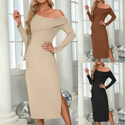 Women's Fashion Sexy Slant Shoulder Ribbed Knit Dress Slit Long Sleeve Wrap Hip Dress Solid Color Slim Streetwear Skirt