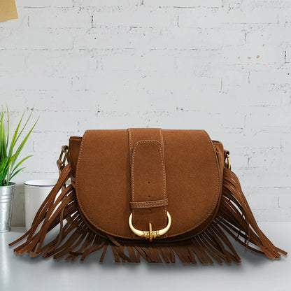 Women Suede Crossbody Bag with Tassels Shoulder Bag Zipper Closure Handbag Satchel Bag for Work Travel