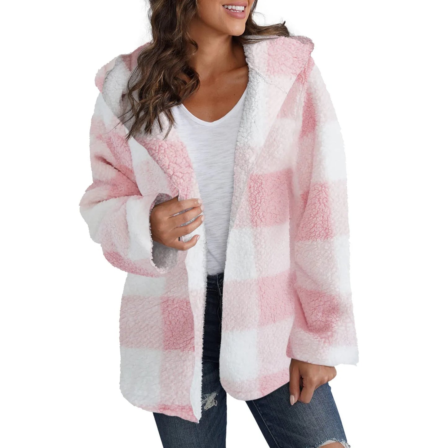 Loose Long Sleeve Plush Plaid Hooded Pocket Zipper Jacket Fashion Winter Warm Fuzzy Cardigan For Female