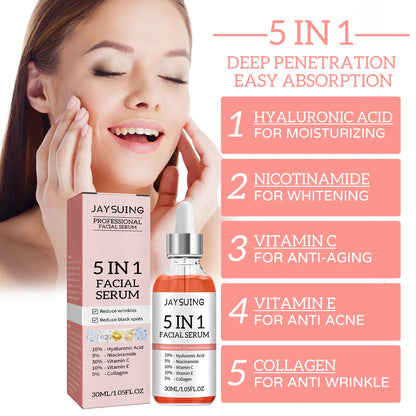 Jaysuing Hyaluronic Acid Face Serum 5 In 1 Moisturizing Whiten-ing Anti Wrink-le Agin-g Vitamin C Shrink Pores Serum Skin Care