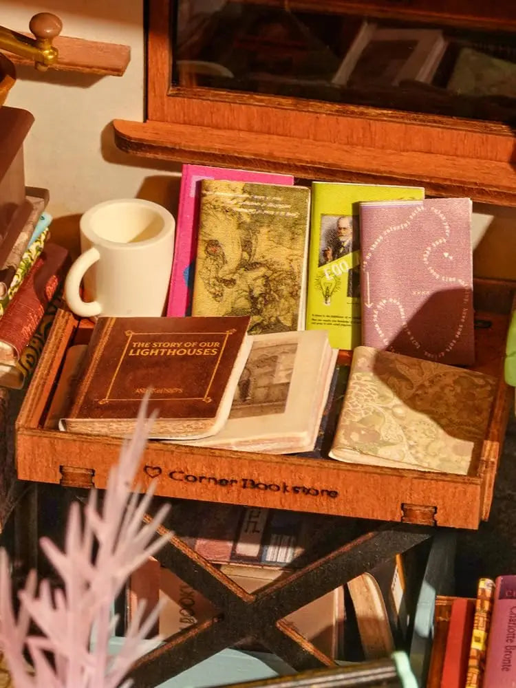 Robotime Miniature House Kit DIY Dollhouse Corner Bookstore with LED DIY Dollhouse Craft Kits for Adults Birthday for Women Kids