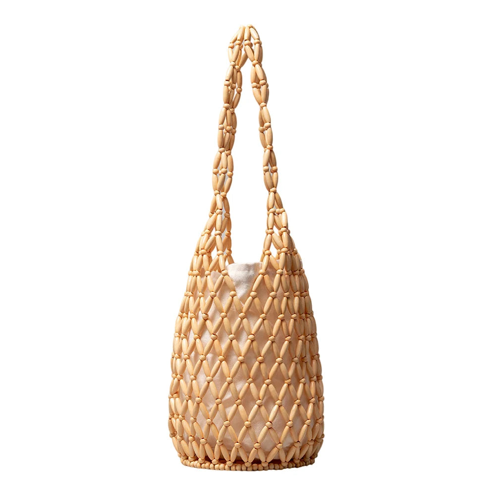 Women Hollow-out Shoulder Bags Woven Hand Bag Wooden Bead Tote Handbag Beach Top-Handle Bags Summer Netted Canvas Bucket Bags