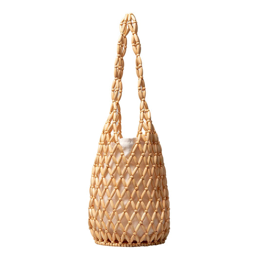 Women Hollow-out Shoulder Bags Woven Hand Bag Wooden Bead Tote Handbag Beach Top-Handle Bags Summer Netted Canvas Bucket Bags
