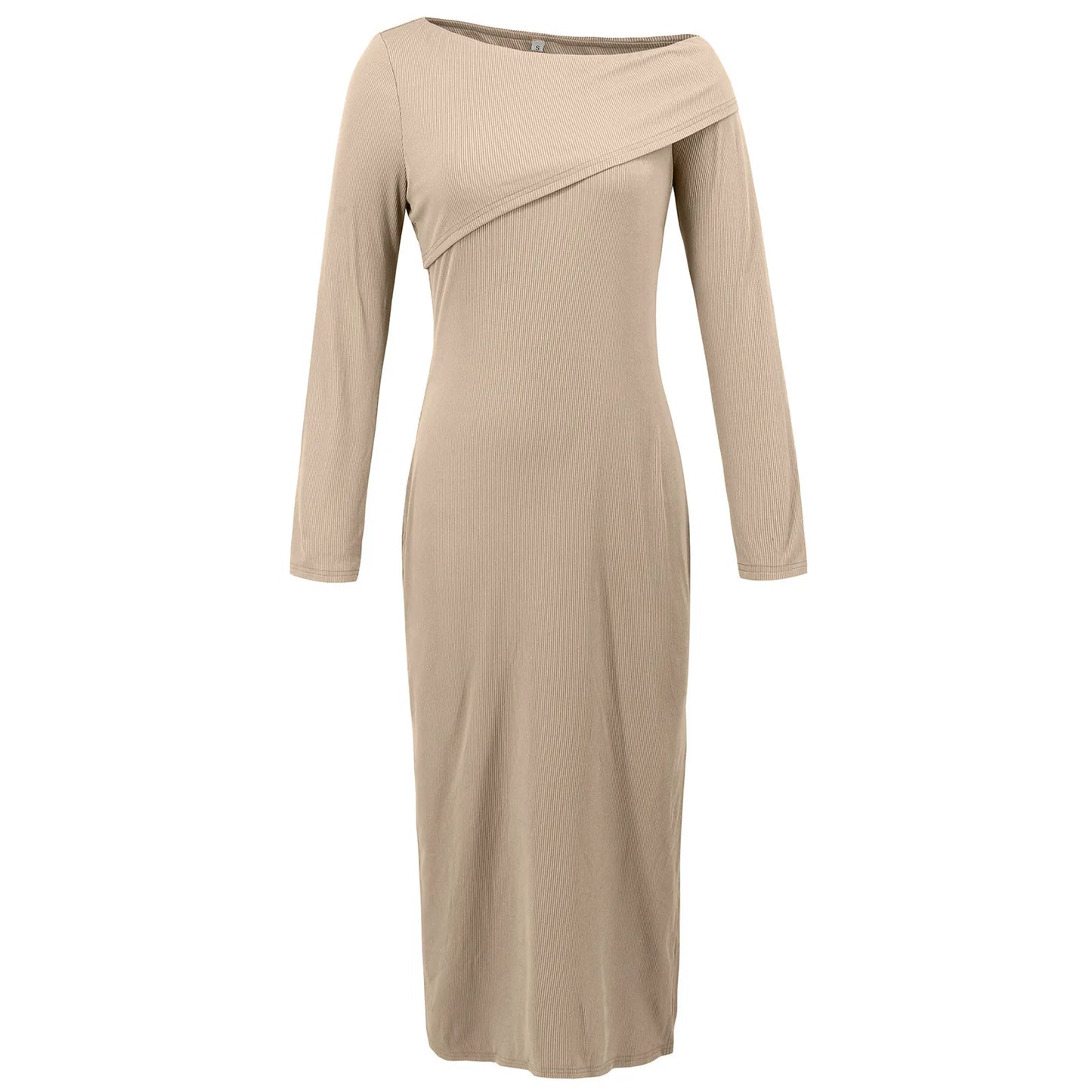 Women's Fashion Sexy Slant Shoulder Ribbed Knit Dress Slit Long Sleeve Wrap Hip Dress Solid Color Slim Streetwear Skirt