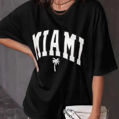 Woman Cotton T-Shirts Miami Coconu Tree Beach Prints Casual O-Neck Short Sleeve Fashion Oversize Clothing Simple Female Tops
