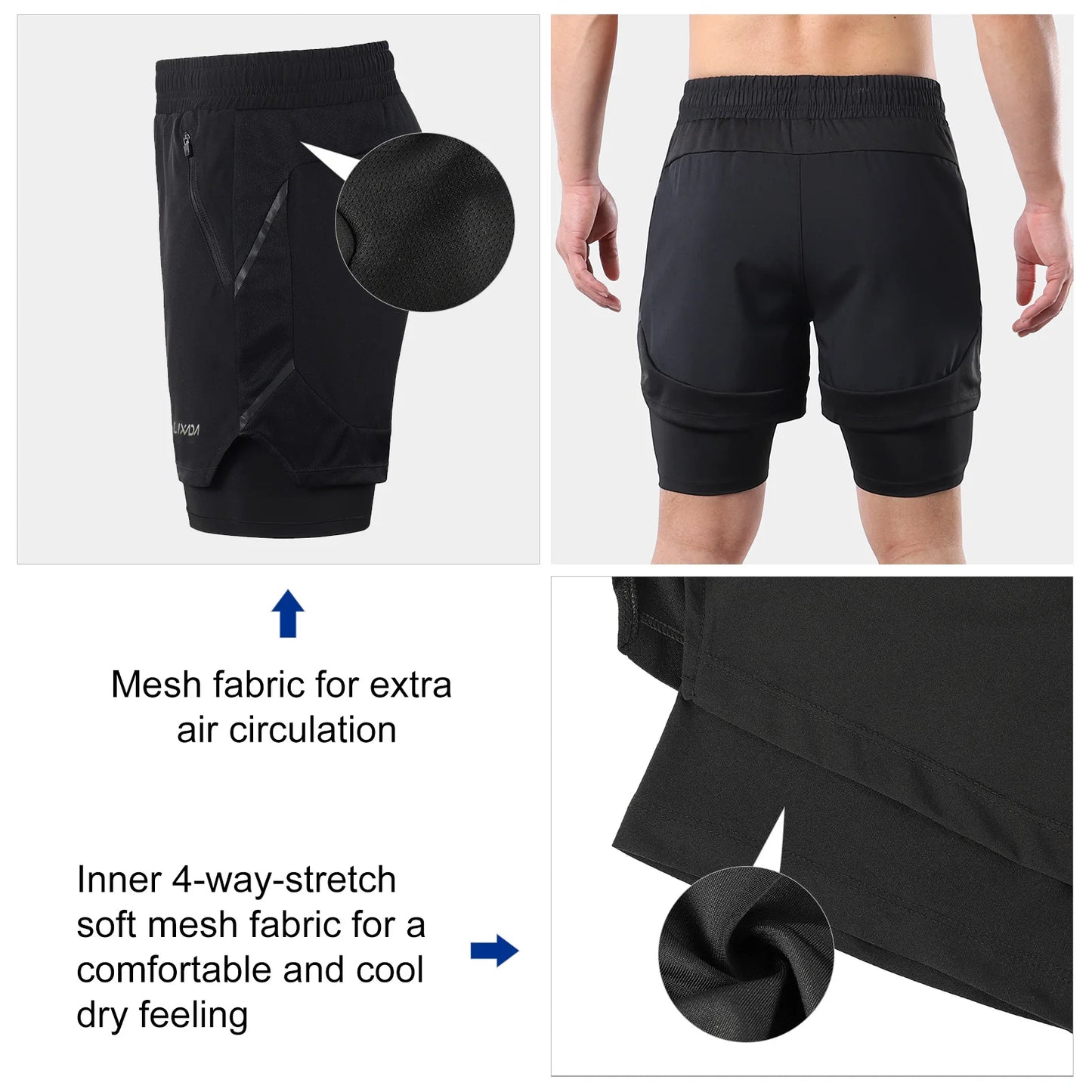 Lixada Men 2 in 1 Running Shorts Quick Drying Breathable Active Training Exercise Jogging Marathon Cycle Shorts