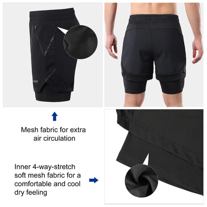 Lixada Men 2 in 1 Running Shorts Quick Drying Breathable Active Training Exercise Jogging Marathon Cycle Shorts