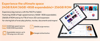 XGODY Android 15 Tablet P60Pro 10.1 inch Screen Unisoc T606-AI Octa-Core (8GB + 16GB )Max.24GBGB RAM 256GB 8000mah 5G Wifi-6