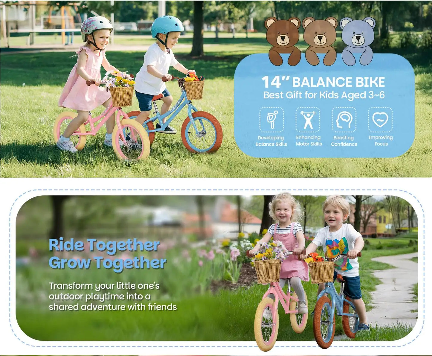 14 Inch Kids Balance Bike, Lightweight Height-adjustable Push Bike with Removable Basket and Rubber Air Tires