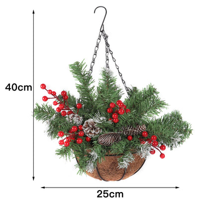 Christmas decorative artificial hanging basket with frosted pine cones and mixed plant ornaments Christmas hanging basket