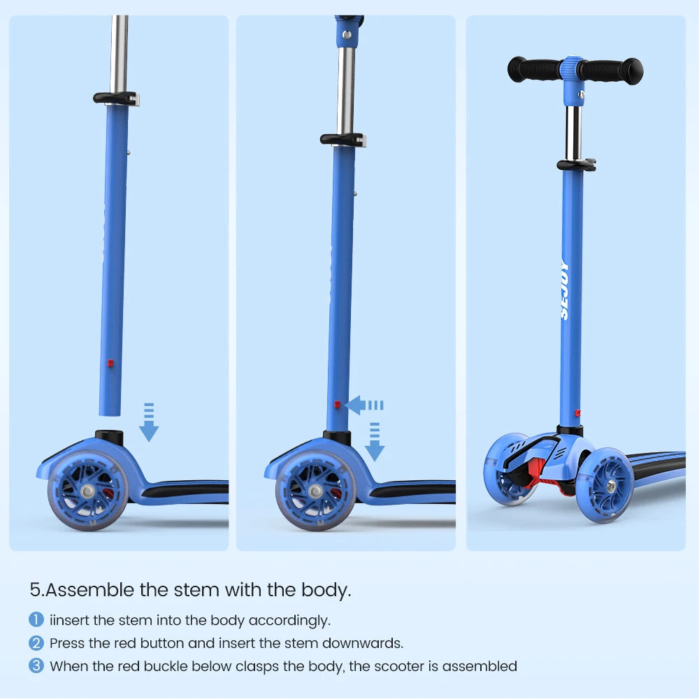 Sejoy Baby Scooter 2-8 Years with LED Wheels Adjustable Height Foldable Design & Dual Modes - Military-Grade Frame