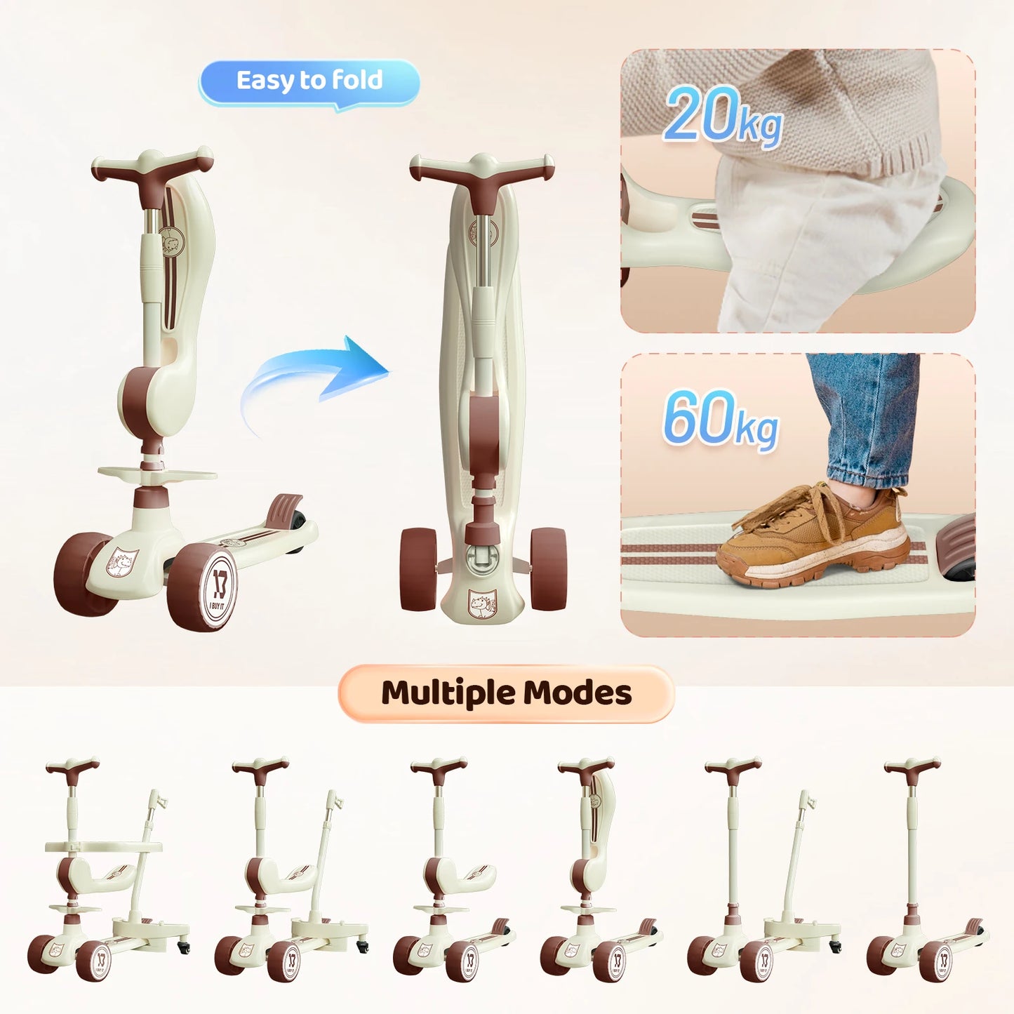 3 Wheels Scooter, Multifunctional Toddler Scooter with Light Up Wheels, Kids Scooter with Adjustable Handbar, Foldable Kick Todd