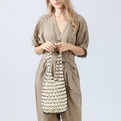 Women Hollow-out Shoulder Bags Woven Hand Bag Wooden Bead Tote Handbag Beach Top-Handle Bags Summer Netted Canvas Bucket Bags