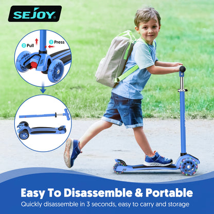 SEJOY Foldable Children Scooter Adjustable Height Kick  3 Wheel Scooter with Flash Wheels  Scooter for 3-12 Year Kids Gift
