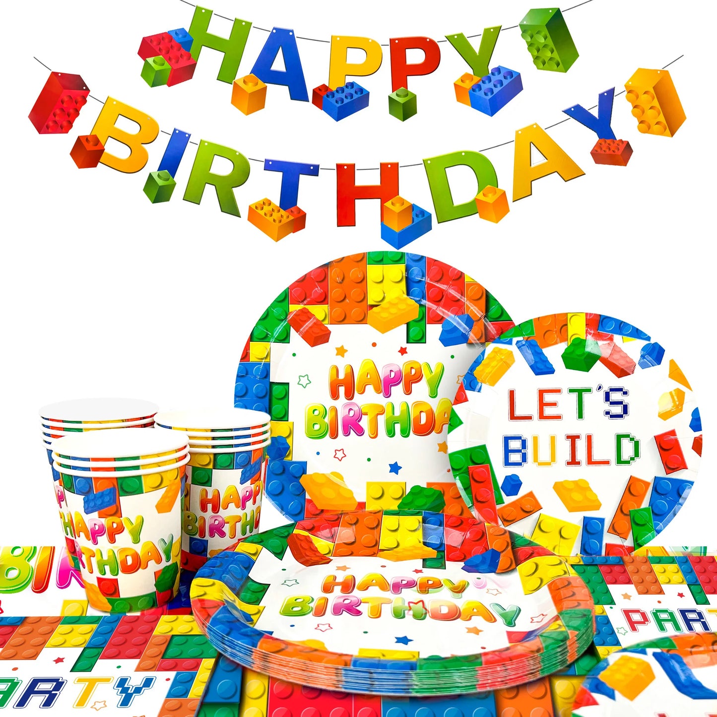 Building Blocks Birthday Party Supplies-66pcs Party Tableware set-Building Block Party Plates Napkins Tablecloth etc