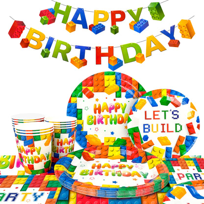 Building Blocks Birthday Party Supplies-66pcs Party Tableware set-Building Block Party Plates Napkins Tablecloth etc