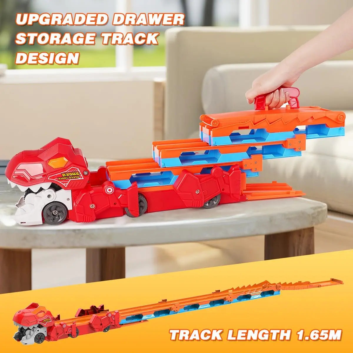 Dinosaur 3-In-1 Transport Truck Car Toys for Boys Age 3+ 8 Race Cars Ejection Folding Portable Track Toy with Sound for Kids