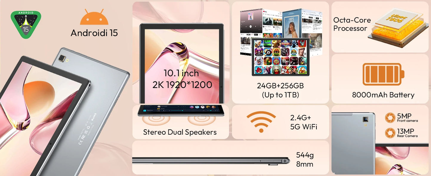 XGODY Android 15 Tablet P60Pro 10.1 inch Screen Unisoc T606-AI Octa-Core (8GB + 16GB )Max.24GBGB RAM 256GB 8000mah 5G Wifi-6