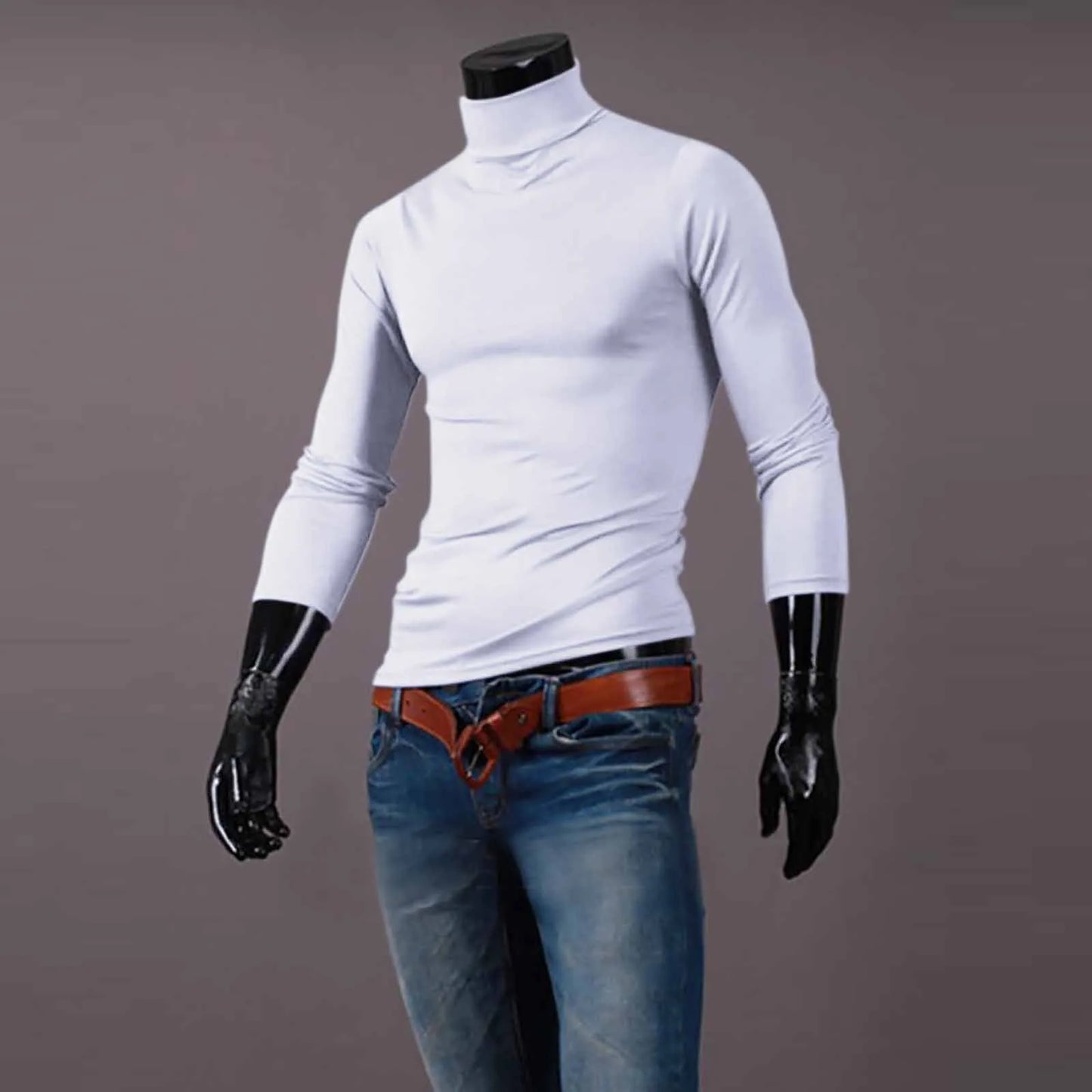 Men's Solid Color High Neck Long Sleeve Basic Top Turtleneck Slim Pullover Sweater Blouse Top