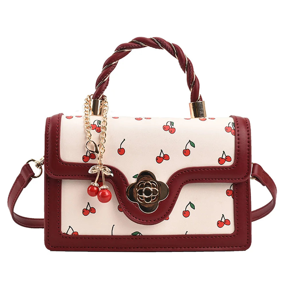 Women Cherry Square Chain Bag PU Leather Fashion Small Satchel Bag Versatile Cherry Pattern Sling Bag Female Daily Commute Bag
