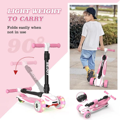 Sejoy Baby Scooter 2-8 Years with LED Wheels Adjustable Height Foldable Design & Dual Modes - Military-Grade Frame