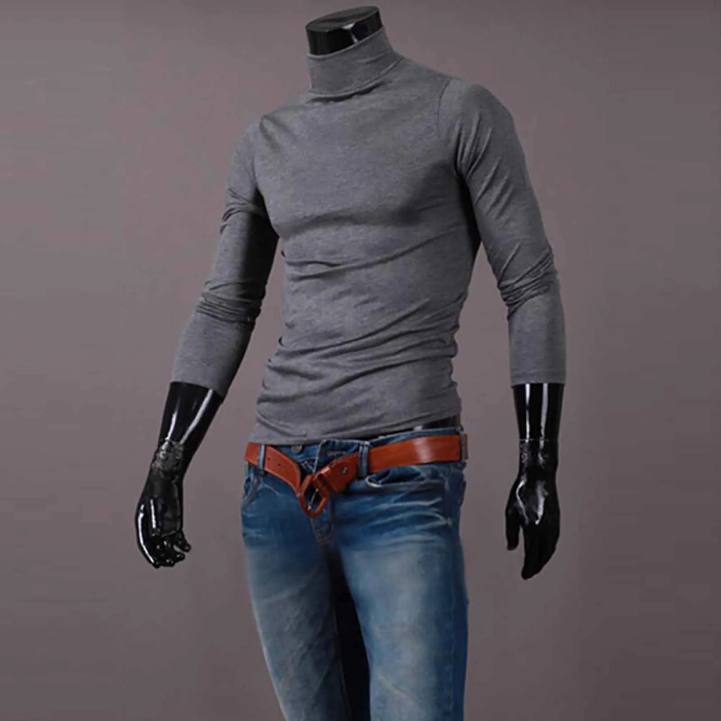 Men's Solid Color High Neck Long Sleeve Basic Top Turtleneck Slim Pullover Sweater Blouse Top