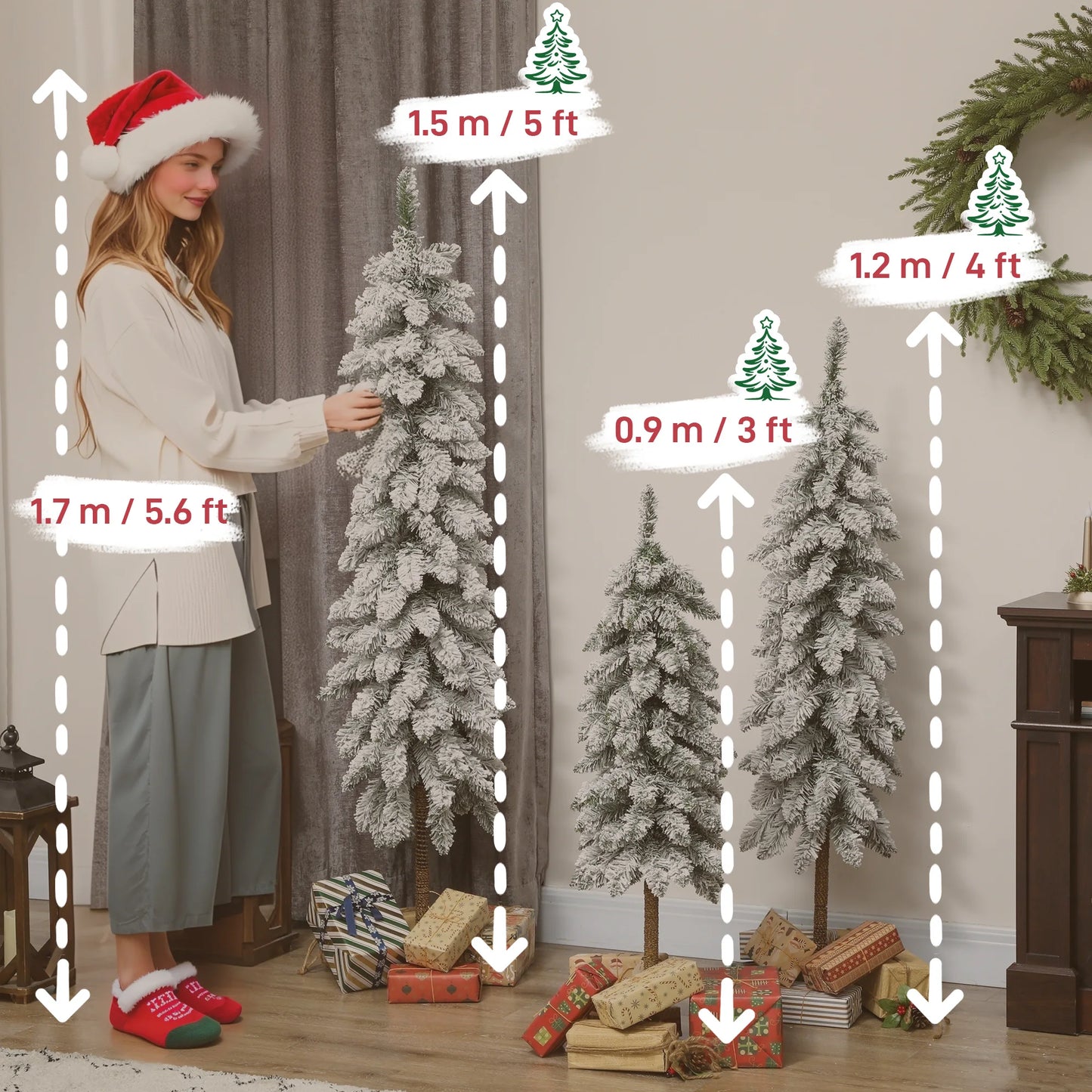 HOMCOM Set of 3 Flocked Christmas Tree, Pencil Downswept Xmas Tree