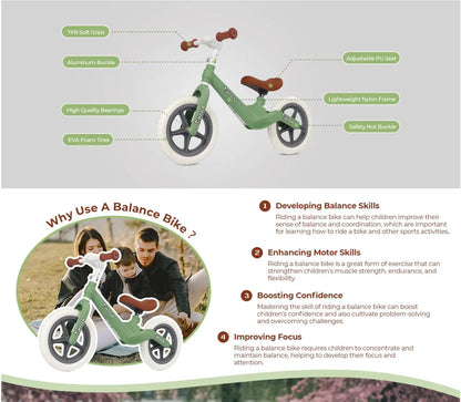 12" Balance Bike for Kids, Lightweight No Pedal Walking Balance Bike with Nylon Frame and Flat-Free Tires, Adjustable Training