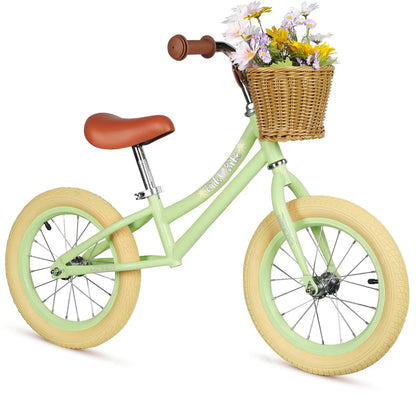 14 Inch Kids Balance Bike, Lightweight Height-adjustable Push Bike with Removable Basket and Rubber Air Tires