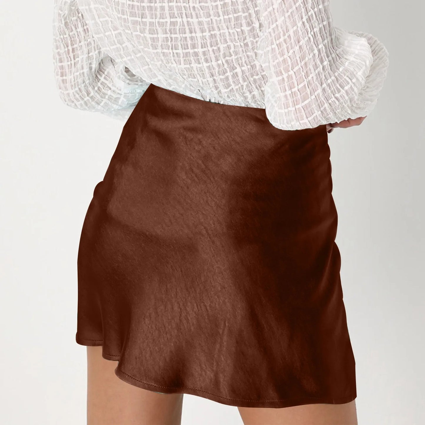 High Waist Zipper Satin Ribbon Lined Skirt For Lady Fashion Solid Color Lightweight Verrsatile Summer A-line Half Skirt