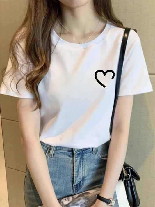 Heart Graphic T Shirt Women Funny Crew Neck Short Sleeve Summer Print Unisex Tops Simple Line Graphic T Shirts Women Clothes