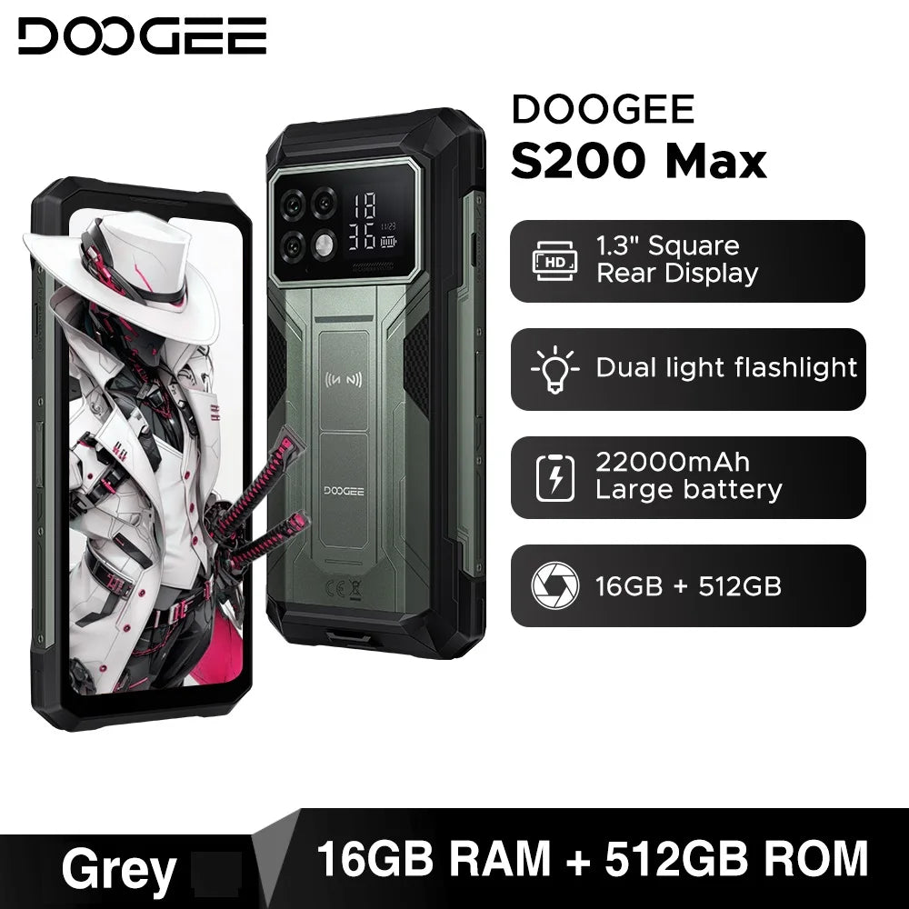 DOOGEE S200 Max 5G Rugged Phone Dual light Flashlight 16GB 512GB 22000mAh 66W 1.32" Rear Display 6.72” 120Hz NFC Smartphone