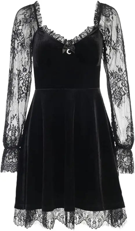 MEOWCOS Women Dark Retro Style Velvet Long Sleeves Dress Elegant Lace Dresses Cocktail Dress Party Evening Moon Pendant Dress