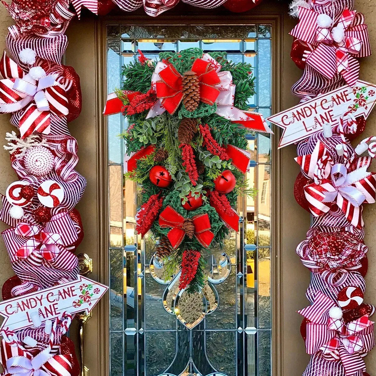 Christmas Wreath Artificial Gold Decorated Door Decoration With Bows Pendant