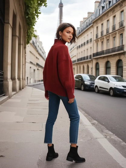 Autumn Winter Women's Pullover Sweater Solid Color Simple Casual High Neck Long Sleeve Knitte Sweaters Female Commuting Clothing