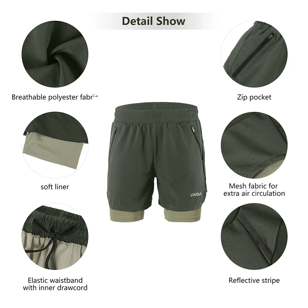 Lixada Men 2 in 1 Running Shorts Quick Drying Breathable Active Training Exercise Jogging Marathon Cycle Shorts