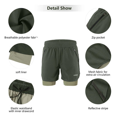 Lixada Men 2 in 1 Running Shorts Quick Drying Breathable Active Training Exercise Jogging Marathon Cycle Shorts