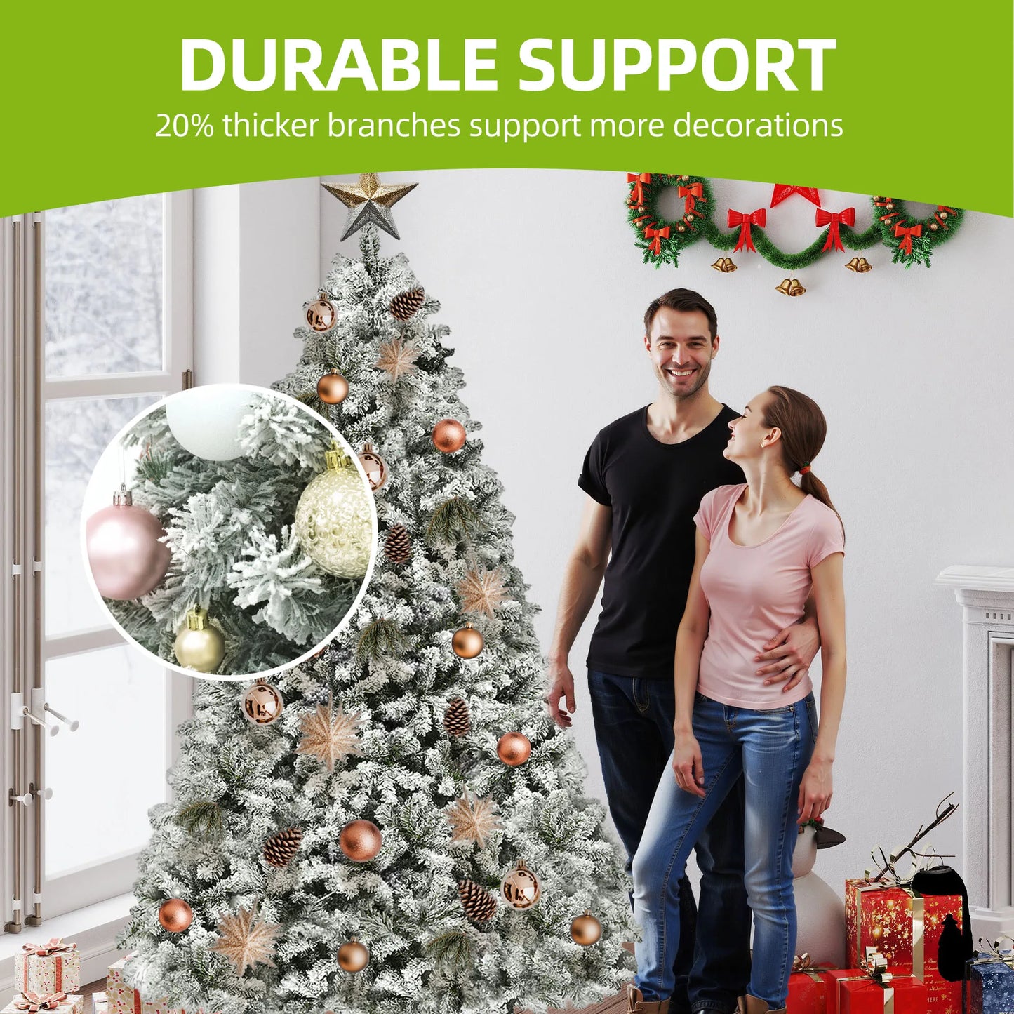 Balconera 6ft Pre-Lit Snow Flocked Christmas Tree - 800 Tips & 250 Lights with 8 Modes, Foldable Base