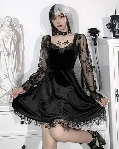 MEOWCOS Women Dark Retro Style Velvet Long Sleeves Dress Elegant Lace Dresses Cocktail Dress Party Evening Moon Pendant Dress