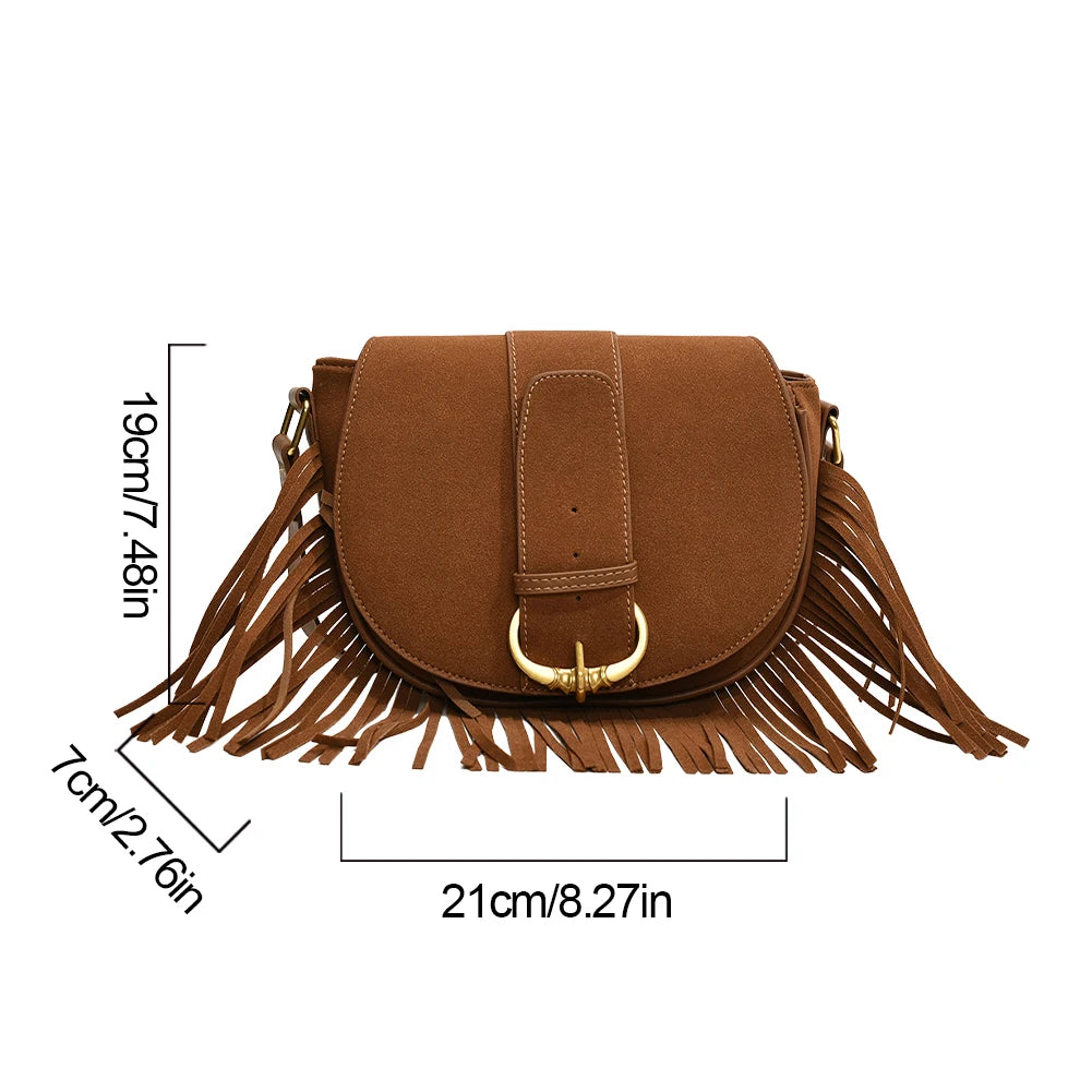 Women Suede Crossbody Bag with Tassels Shoulder Bag Zipper Closure Handbag Satchel Bag for Work Travel